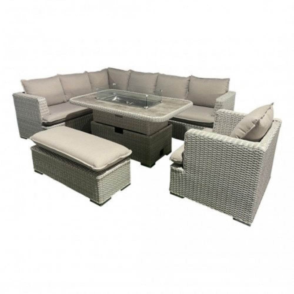 Nicol 6-Piece Steel & Rattan Outdoor Sofa Set with Fire Pit Table and Ice Bucket - Beige - UK Luxury Furniture