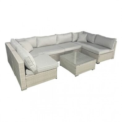 Nicol 6-Piece Steel & Rattan Outdoor Sofa Set with Fire Pit & Ice Bucket - Grey Luxury Seating - UK Luxury Furniture