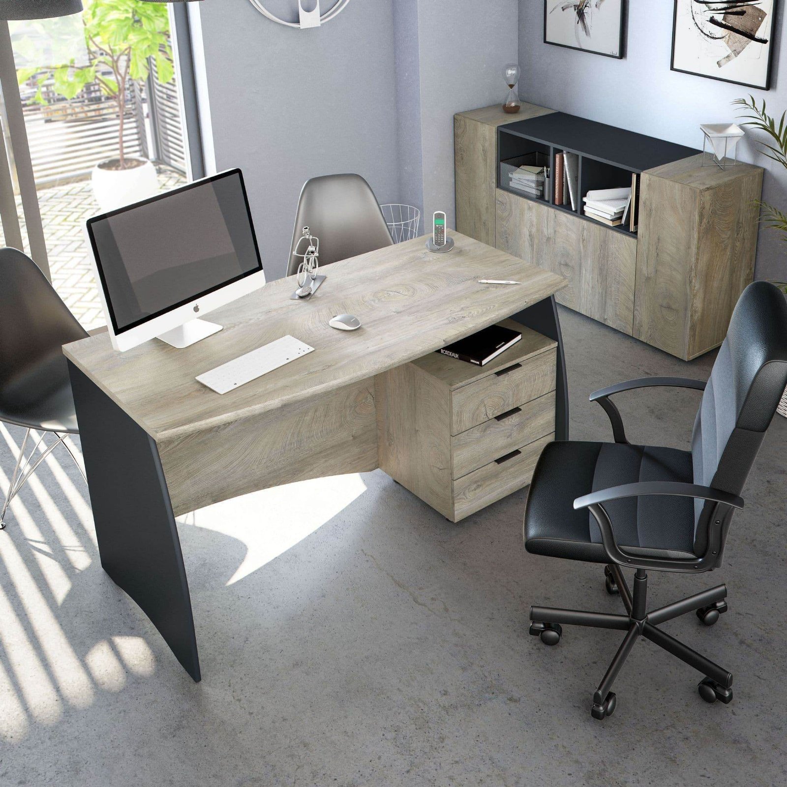 Oris Oak and Grey Large Executive Office Desk with Three Storage Drawers - UK Luxury Furniture