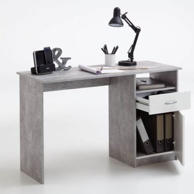 Rami Modern Grey and White Office Desk with Storage, Drawer, and Door - UK Luxury Furniture