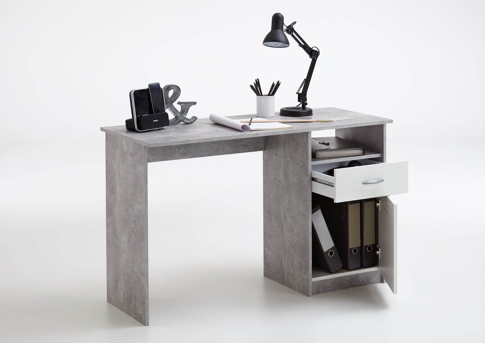 Rami Modern Grey and White Office Desk with Storage, Drawer, and Door - UK Luxury Furniture