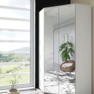 Santino White Mirrored 2-Door Corner Wardrobe: Elegant Space-Saving Bedroom Storage Solution - UK Luxury Furniture