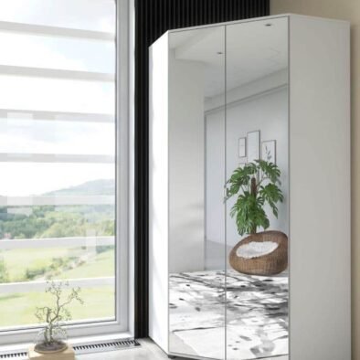 Santino White Mirrored 2-Door Corner Wardrobe: Elegant Space-Saving Bedroom Storage Solution - UK Luxury Furniture