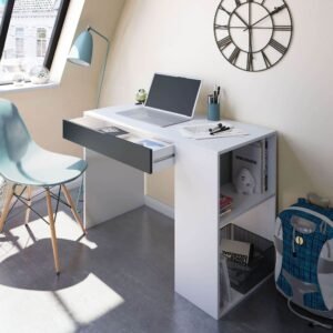 Sesko Grey and White Modern Home Office Desk with Drawer and Storage Shelves - UK Luxury Furniture