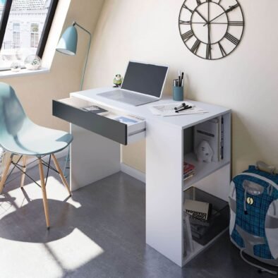 Sesko Grey and White Modern Home Office Desk with Drawer and Storage Shelves - UK Luxury Furniture