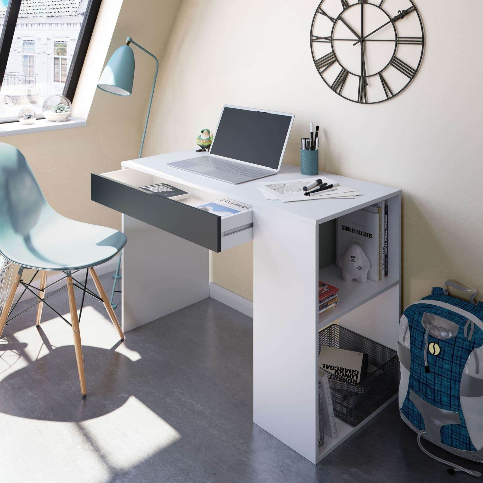 Sesko Grey and White Modern Home Office Desk with Drawer and Storage Shelves - UK Luxury Furniture