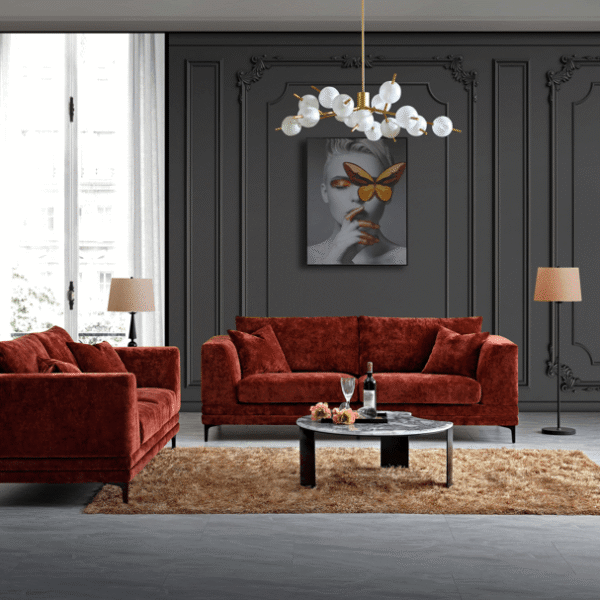 Aluxo Lenox Mid-Century Modern Sofa in Rust Velvet with Plush Cushions and Wooden Plinth - UK Luxury Furniture