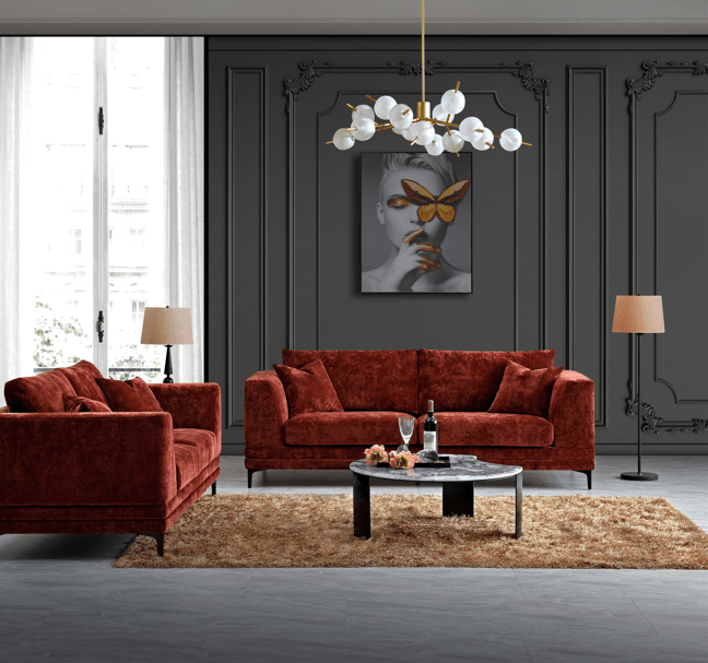 Aluxo Lenox Mid-Century Modern Sofa in Rust Velvet with Plush Cushions and Wooden Plinth - UK Luxury Furniture