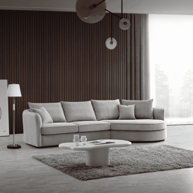 Aluxo Rubin Curved Corner Chaise Sofa in Pebble Boucle - Luxe Comfort Design for Modern Interiors - UK Luxury Furniture