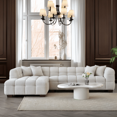 Luxurious Aluxo Tribeca Corner Sofa in Oatmeal Boucle Fabric – Contemporary Chesterfield Design - UK Luxury Furniture