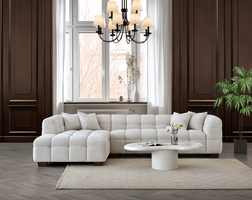Luxurious Aluxo Tribeca Corner Sofa in Oatmeal Boucle Fabric – Contemporary Chesterfield Design - UK Luxury Furniture