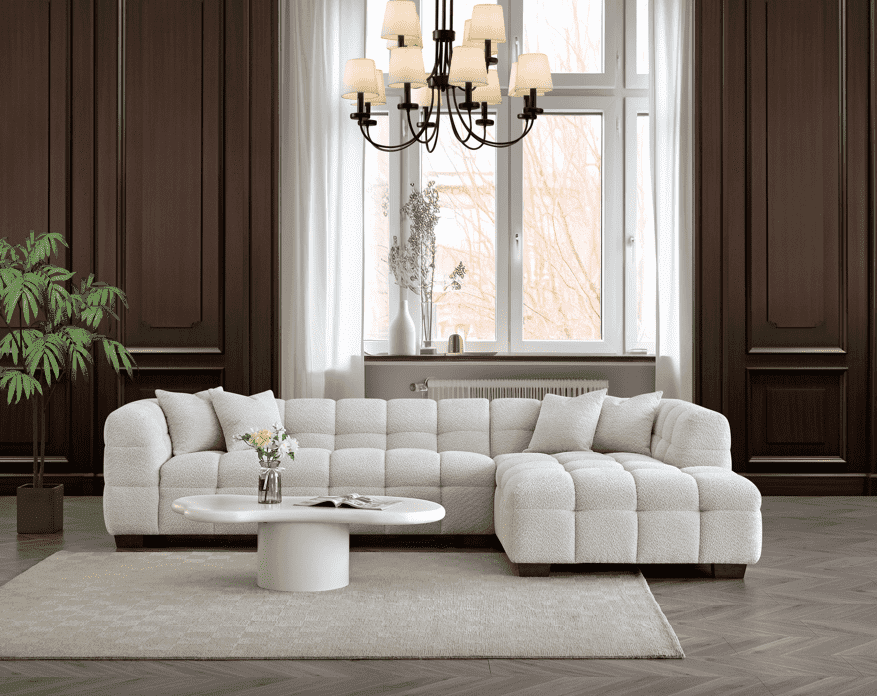 Aluxo Tribeca Right Hand Corner Sofa in Oatmeal Boucle Fabric - Luxurious Comfort & Style - UK Luxury Furniture