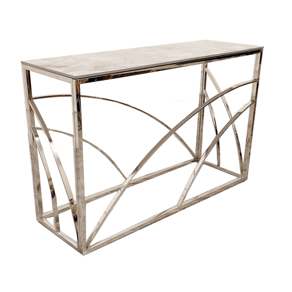 Stella Chrome Console Table - Elegant Ash Grey Sintered Top, H: 77cm W: 120cm D: 40cm - UK Luxury Furniture
