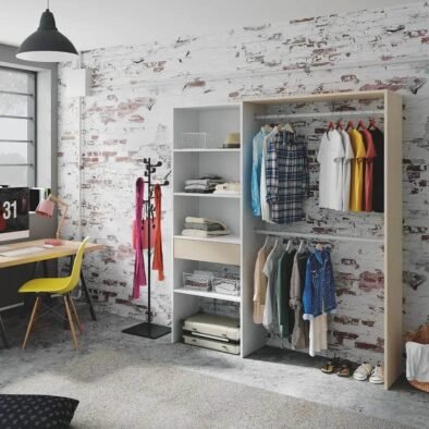 Torres Oak and White Open Wardrobe: Shelves, Dual Hanging Rails, Modern Design - UK Luxury Furniture
