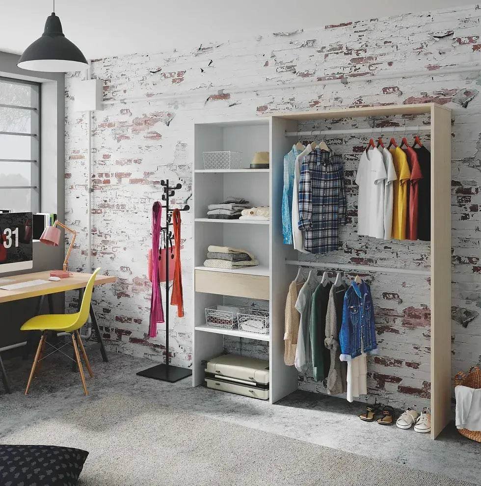 Torres Oak and White Open Wardrobe: Shelves, Dual Hanging Rails, Modern Design - UK Luxury Furniture