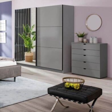 Valentina Graphite Grey 220cm Sliding Wardrobe with Mirror and Ample Storage - UK Luxury Furniture