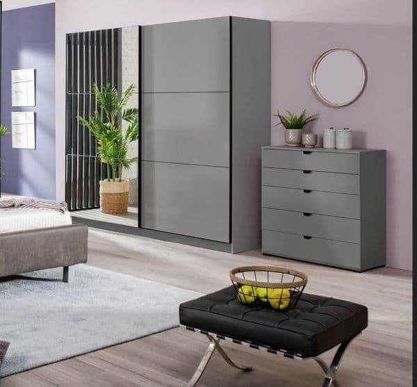 Valentina Graphite Grey 220cm Sliding Wardrobe with Mirror and Ample Storage - UK Luxury Furniture