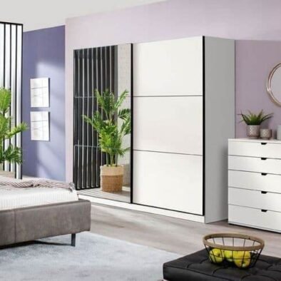 Valentina White 220cm Contemporary Sliding Wardrobe with Integrated Full-Length Mirror - UK Luxury Furniture