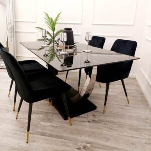 Venus 1.6m Luxury Dining Table with Black Sintered Stone Top & 4 Elegant Luna Chairs - UK Luxury Furniture