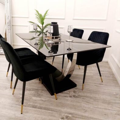 Venus 1.6m Luxury Dining Table with Black Sintered Stone Top & 4 Elegant Luna Chairs - UK Luxury Furniture