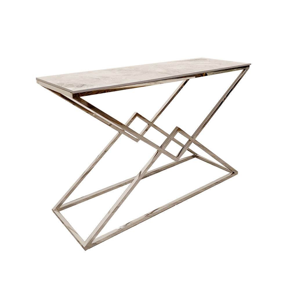 Vesta Chrome Console Table with Stomach Ash Sintered Stone Top - 120cm W x 40cm D x 70cm H - UK Luxury Furniture
